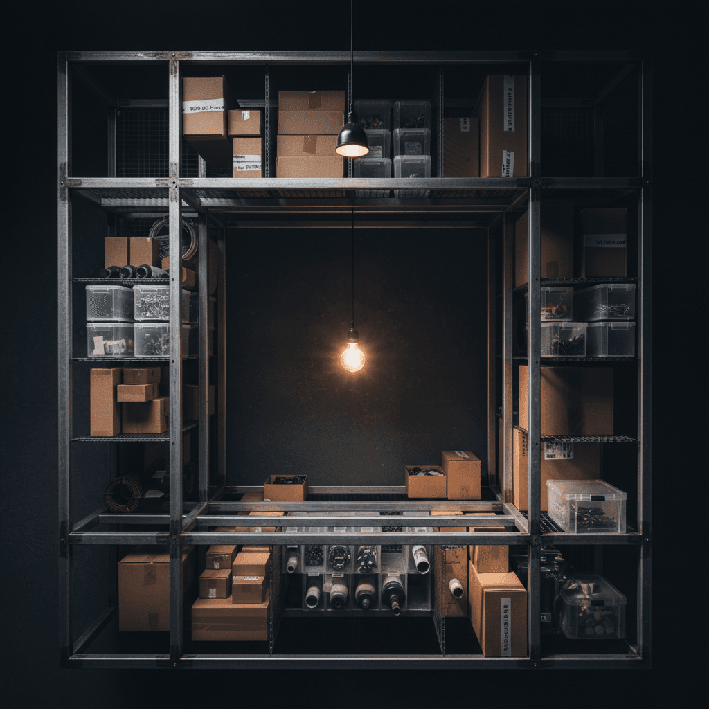 Organized storage shelves with products