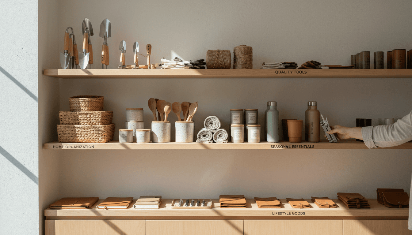 Curated selection of practical home, work, and lifestyle products displayed on clean shelves