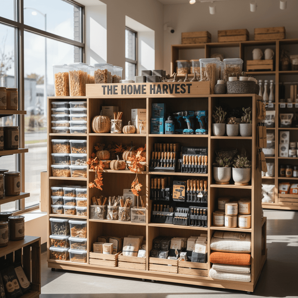 Organized retail shelving with practical home and work products