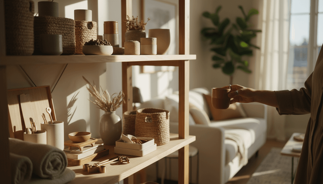 Organized collection of practical home and work products on a wooden shelf in natural light
