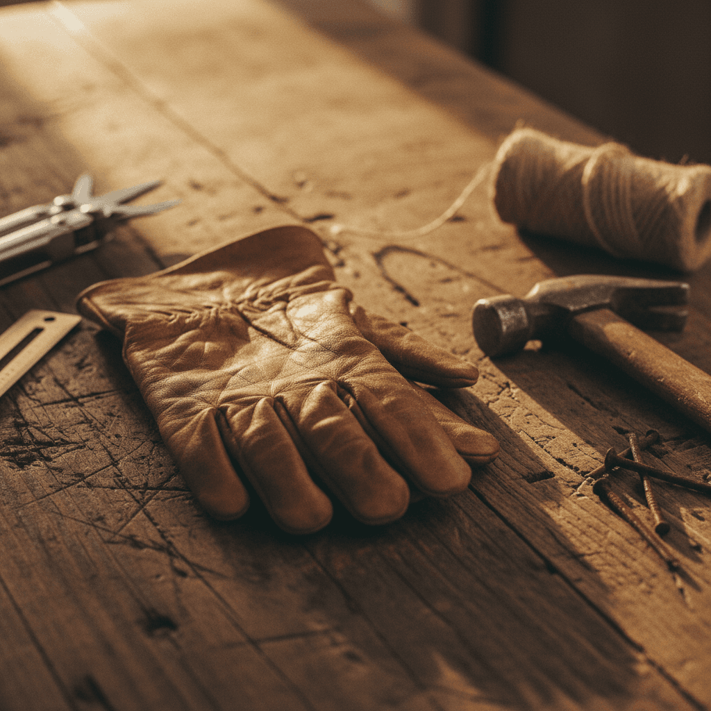 Work gloves and tools on wooden bench